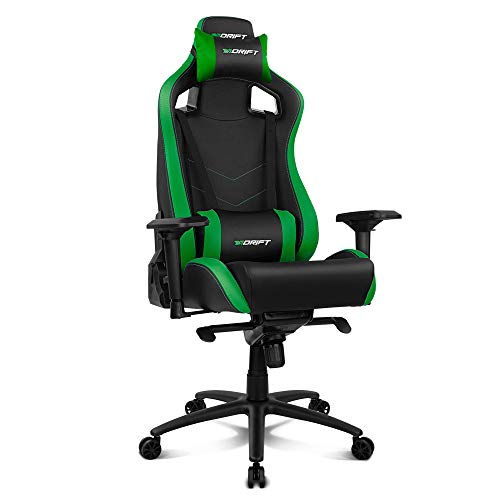 Drift DR500G - Silla Gaming Profesional, polipiel, reposabrazos ajustable 4D, piston clase 4, sistema balanceo, altura regulable, respaldo reclinable, cojines lumbar y cervical, color negro/verde