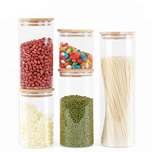 DZY 5 Set Tarro de Vidrio de Almacenamiento,Tarros de Cristal para Conservas Envases Cristal Alimentos Con tapa de bambú,Se utiliza para mermelada,pasta,espagueti,té,café en grano,tarro de galletas.