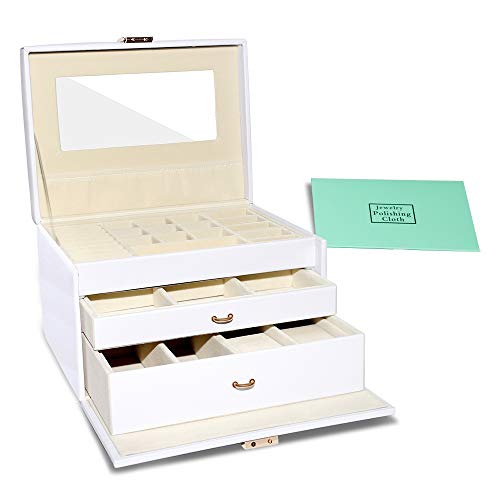 E-MANIS Caja Joyero para Mujer,Alta Capacidad Caja para Joyas con 3 Capas 2 Cajones Organizador Joyero con Cerradura y Espejo para Relojes,Pendientes,Gafas,Pulseras,Anillos,Regalo para Navidad,Bianco