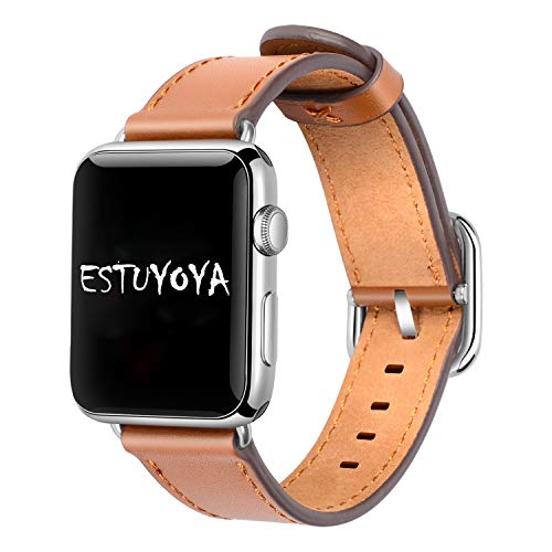 Estuyoya - Pulsera de Piel compatible con Apple Watch Diseño de Cuero Fino y Elegante Exclusivo Cierre Hebilla Acero Inoxidable para 42mm 44mm Series 6 / 5 / 4 / 3 / 2 / 1 / SE - Marrón