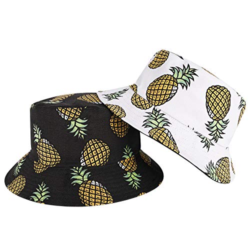 fanshiontide 2 Piezas Sombrero de Pescador de Algodón de Doble Cara Sombrero para el Sol Gorro Pescador Anti-UV Sombrero de Cubo al Aire Libre Unisex(2 colores,Estampado Piña)