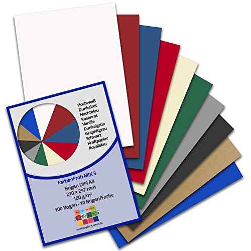 FarbenFroh® - Lote de 100 hojas de papel DIN A4, 3 – 10 colores – 160 g/m2 – 21 x 29,7 cm – Arco para manualidades de papel de color