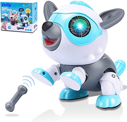 Felly Perro Robot para Niños, Juguete Robot para Bebe, Juegos Interactivo con Emociones y Movimiento, Ladra y Juega con su Hueso, Regalo para niños y niñas de 3 4 5 6 7 8 9 años (Azul)