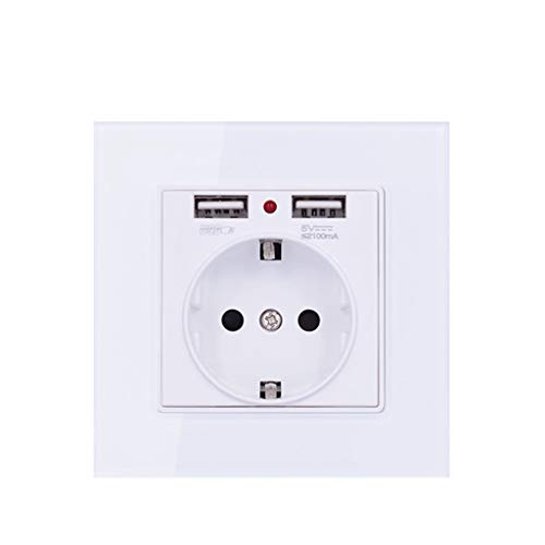 Fivekim - Toma de corriente eléctrica de pared estándar UE con dos puertos USB, enchufe de cristal templado europeo, doble toma USB, color blanco