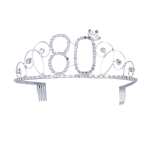 frcolor Corona Cumpleaños 80 Diadem Tiara con pelo peine cristal brillantes plata regalo de cumpleaños 80 años para mujeres