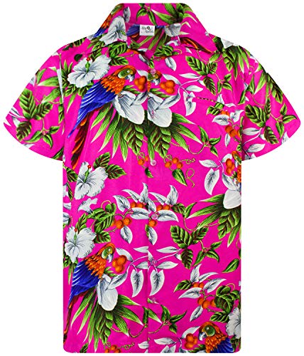 Funky Camisa Hawaiana, Manga Corta, Cherry Parrot, Rosado, XL