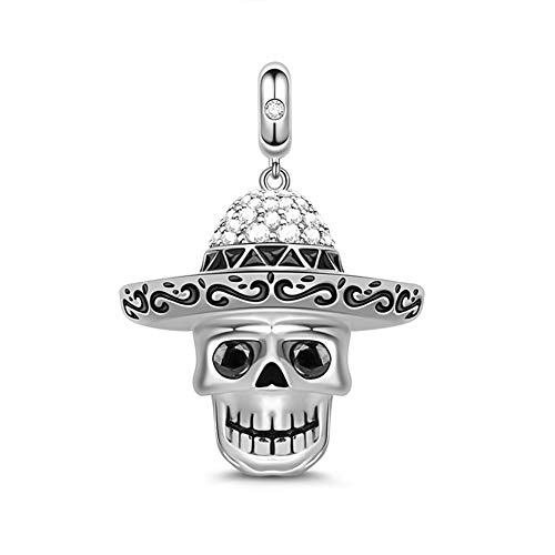 GNOCE Colgante de calavera de Halloween de plata de ley con diseño de calavera de estilo mexicano con forma de calavera, apto para pulsera/collar, joyería de regalo para esposa, hija, novia