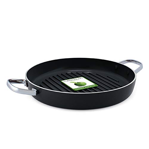 GreenPan Essentials Grill Antiadherente de Aluminio Forjado con Revestimiento de Cerámica y Dos Asas de Acero Inoxidable, Apta para Todo Tipo de Cocinas, Inducción, Horno y Lavavajillas, 28 cm, Negro