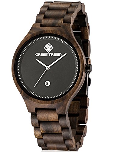 Greentreen Relojes de Pulsera de Madera para Hombre, Analógica Movimiento de Cuarzo Japonés, con Visualización de Fecha (Negro)