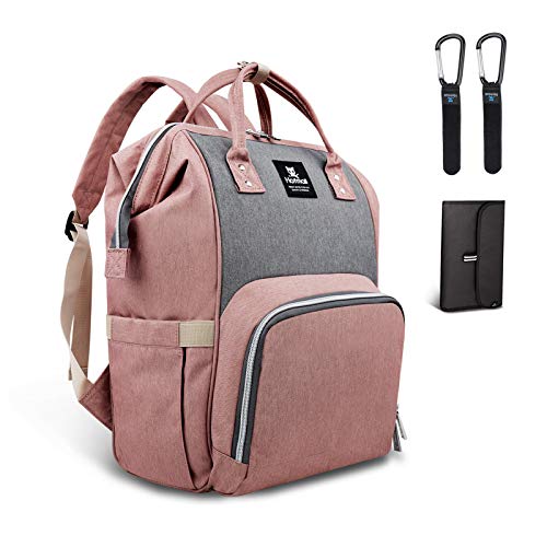 Hafmall Mochilas para Pañales de Viaje Impermeable para Bebés, Elegante Bolsos para Pañales de Gran Capacidad con Cambiador y Ganchos Carrito Bebé (Gris+Rosado)