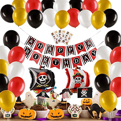 Herefun 50 Piezas Pirata temática Decoraciones Cumpleaños Kit, Pirata Globos Party Fiesta Halloween Decoracion Aluminio Globos Rojos Negros dorado, Cake Topper Banner para niños chico