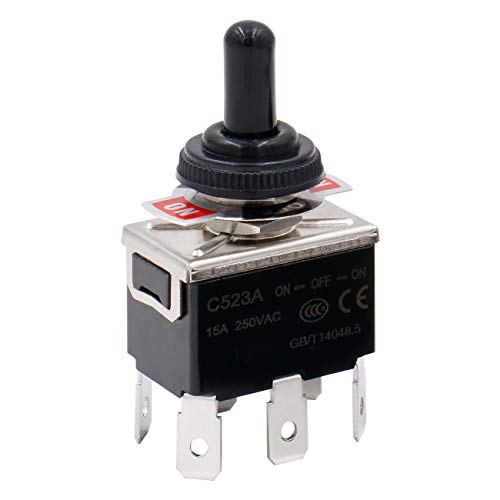 Heschen Interruptor de palanca de metal DPDT mantenido ON/OFF/ON 3 posiciones 15A 250VAC 6 pestañas terminal CE con tapa impermeable