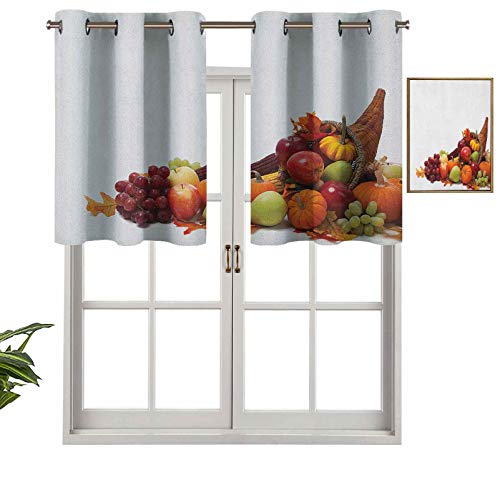 Hiiiman Cortinas cortas opacas con ojales arreglo de otoño con frutas de la temporada en un Cornucopia Bountiful Harvest Corn, juego de 2, cenefas pequeñas de media ventana de 137 x 61 cm para cocina