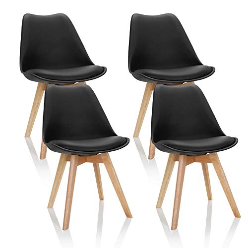 hjh OFFICE Scandi 661011 - Juego de 4 sillas de Comedor (plástico Negro, Patas de Madera Maciza de Haya, Acolchadas), diseño Retro, Color Negro
