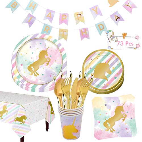 Hongfago Set de fiesta de cumpleaños con unicornio, 73 piezas, para niñas, con platos, vasos, para 6 niños, regalo de cumpleaños, decoración de fiestas, baby shower