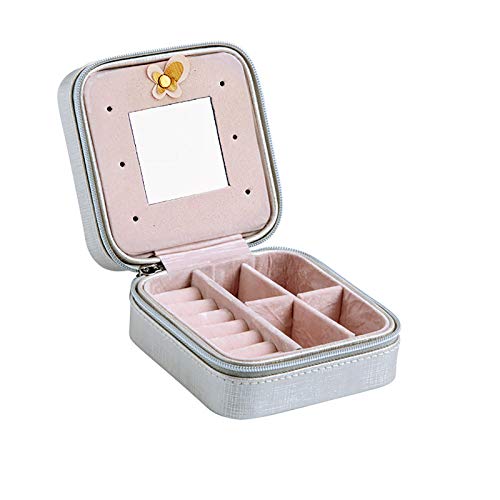 Huachaoxiang Caja de joyería portátil, Hecha de Piel de imitación para Anillos Pendientes Collares Pulseras Regalo Girl Mujer Madre Hija Joyería,Plata