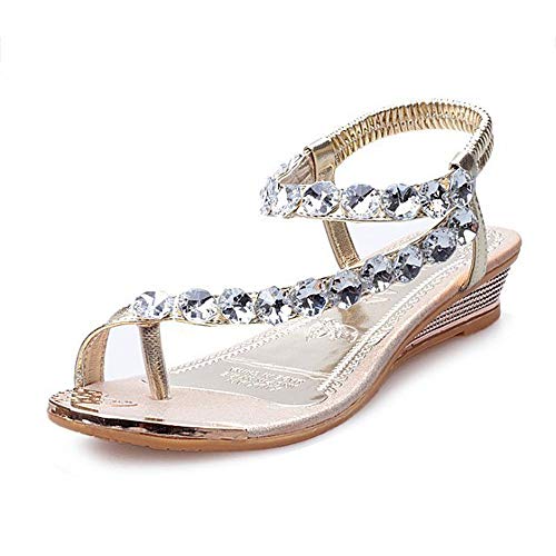 HUADUO Sandalias Planas con Tiras en T - Cristal de Boda para Mujer con Vestido Bohemio con Cuentas de Diamantes de imitación Zapatos de Gladiador con Chanclas