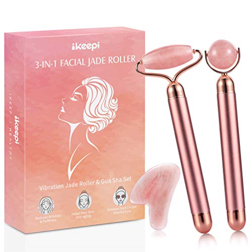 ikeepi Rodillo de Jad facial eléctrico-100% jade natural piedra de masaje Jade Gua Sha Regalo Mujer Regalo de San Valentín