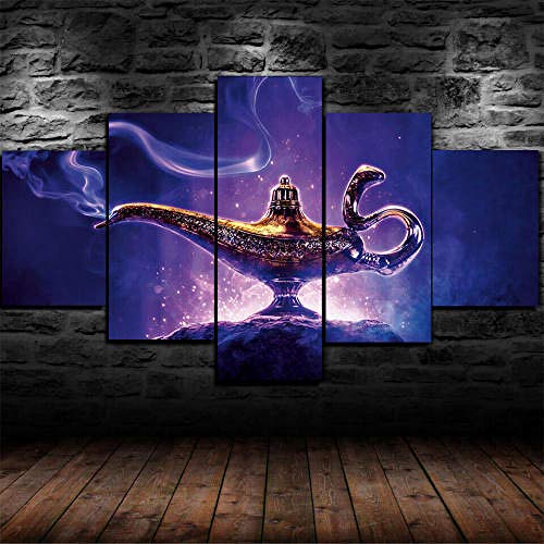 IMXBTQA Cuadros Impresos En Lienzo Que Brillan En La Oscuridad 100X55Cm 5 Piezaspelícula Aladdin Genie Lamp Premium Lienzo De Tejido No Tejido XXL