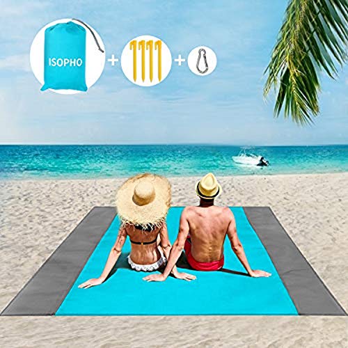 ISOPHO Alfombra de Playa Esterilla Playa, Manta Picnic Impermeable Manta de Picnic 210 X 200cm Manta de Playa con 4 Clavos Fijos, Alfombra de Picnic Bordes Reforzados para la Playa, Camping, y Picnic