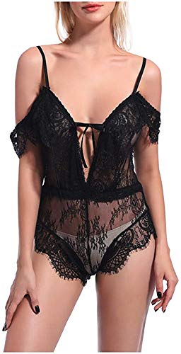 ITVIP Pijama de mujer íntimo de encaje bordado vestido de una pieza camisón de noche íntimo cuello en V Babydoll Chemise L Negro