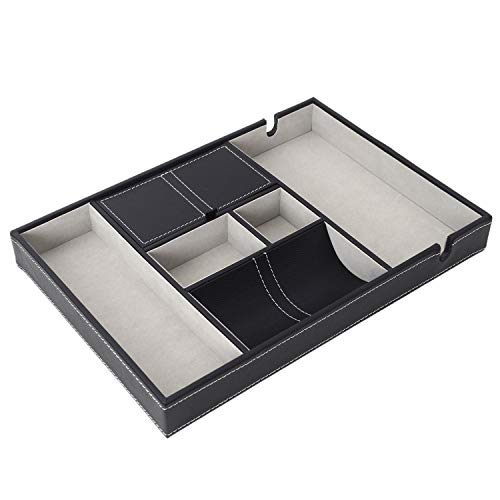 Katigan Valet Tray para Hombres, EDC Tray, Nightstand Organizer, Table Organizer, Charging Station, Catch All, Dresser Tray, Negro Faux Leather, 6 Compartimentos