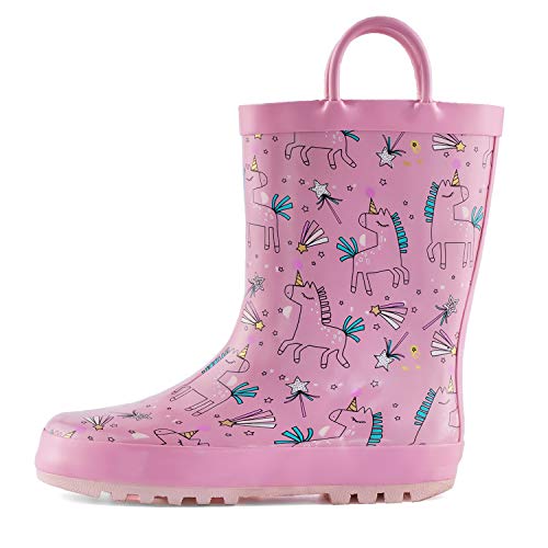 KomForme - Botas de lluvia para niños, goma impermeable con asas, (Unicornio estrella rosa), 26 EU