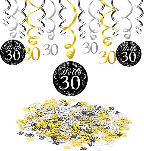 Konsait 30 cumpleaños Colgando Remolinos decoración de Techo (15 Cuentas), Feliz cumpleaños & 30 Mesa Confeti (1.05 oz) para Adultos 30 Años de Antigüedad Fiesta de Cumpleaños Decoraciones