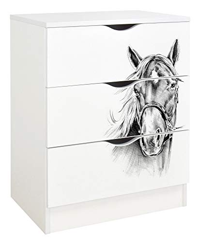 Leomark Cajonera de Madera - Roma - Blanca Mesita de Noche con cajones, Armario de Dormitorio, Estilo escandinavo, habitación de los niños, Dim: 78 (H) cm (Retrato de un Caballo)