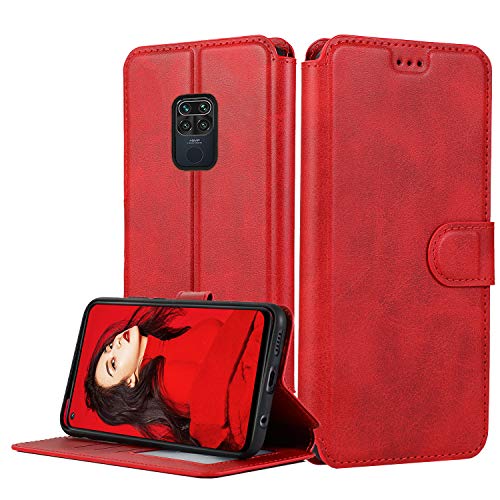 LeYi Funda Xiaomi Redmi Note 9 (no para 5G) con HD Protector Pantalla,Carcasa Libro Tapa Silicona Bumper Cuero Cartera Case Flip Cierre Magnético Leather Soporte Wallet Cover para Movil Note 9,Rojo