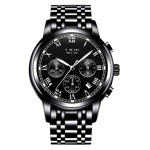 LIGE Relojes para Hombre Impermeable Deporte Análogo Cuarzo Reloj Cronógrafo Negocios Negro Acero Inoxidable Reloj de Pulsera