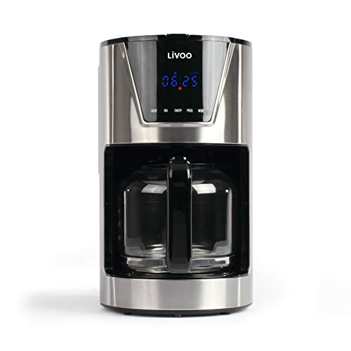 LIVOO DOD172 - Cafetera con filtro programable, capacidad de 1,5 L, 12 tazas, jarra de cristal, selector de aromas, programación 24 h, función de mantenimiento caliente, 900 W