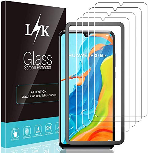 LϟK 4 Pack Protector de Pantalla Compatible con Huawei P30 Lite / P30 Lite New Edition - Cristal Vidrio Templado Dureza 9H Sin Burbujas Funda Compatible Marco de Posicionamiento Kit Fácil de Instalar