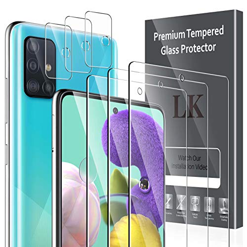 LK 6 Pack Protector de Pantalla Compatible con Samsung Galaxy A51,Contiene 3 Pack Cristal Vidrio Templado y 3 Pack Protector de Lente de cámara, Doble Protección