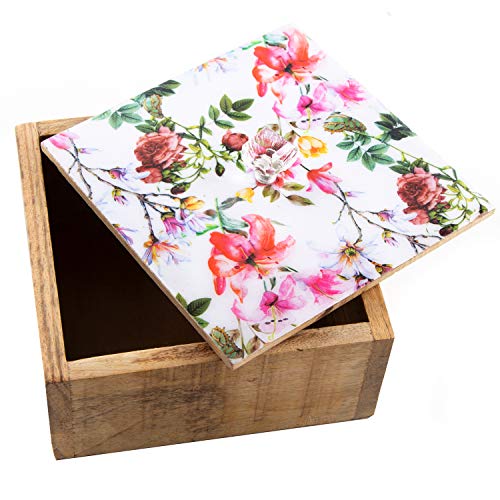 Logbuch-Verlag Pequeña caja de regalo de madera marrón rosa con diseño de flores, caja de regalo de madera, como idea de regalo, 15 x 15 cm