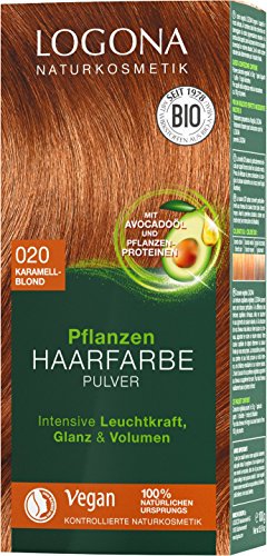 LOGONA Naturkosmetik Tinte vegetal para el cabello en polvo 020, rubio caramelo, con aceite de aguacate, vegano y natural, color rubio natural con henna, coloración (2 x 100 g)