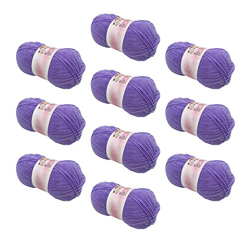 Lote de 10 Ovillos de hilo acrílico para tejer, adecuado para DIY y tejer a mano. 10 bolas de lana. De regalo pack de 9 ganchillos de diferentes tamaños. Color Morado (133)