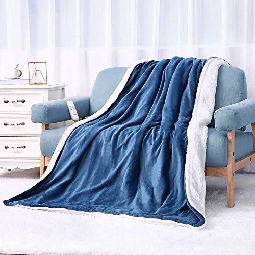 Manta eléctrica 180x130cm Manta eléctrica con 6 niveles de calor y (5H) apagado automático y protección contra sobrecalentamiento, para sofá cama de salón, franela azul