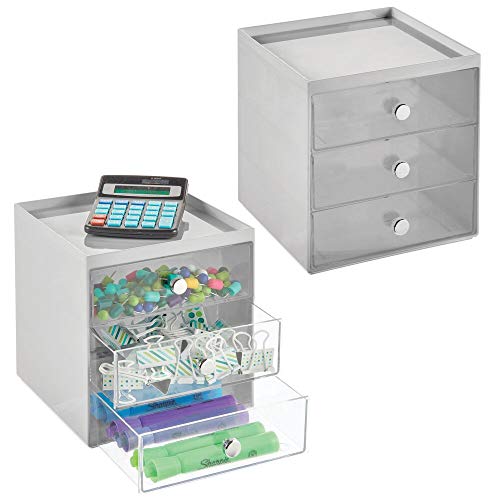 mDesign Organizador de Escritorio con 3 cajones – Cajonera pequeña para bolígrafos, Clips, Notas, etc. – Compacto gavetero de plástico para Mesa de Oficina – Juego de 2 – Gris y Transparente