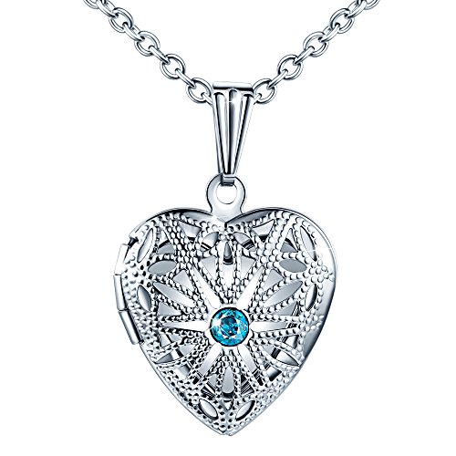 MicLee Collares Foto Mujer, Collar con Cadena Colgante Corazon con Brillante Circonita Azul,Acero Inoxidable, Plata