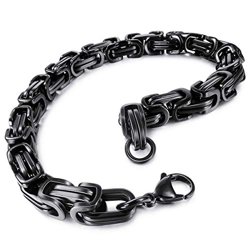 MunkiMix 8mm de Ancho 316L Resistencia Al Agua Acero Inoxidable Pulsera Cadena De Eslabones Bizantinos para Hombres Mujeres Niños (Negro Color, 190mm Largo)