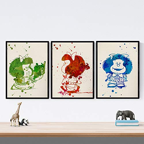 Nacnic Set de 3 láminas para enmarcar Mafalda Estilo Acuarela. Posters con imágenes de mafaldas en Tres Colores, tamaño 30x40 cm