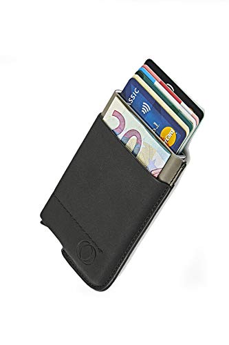 NeroAvorio Tarjetero para Tarjetas de Crédito, Bloqueo RFID, Monedero Fino Aluminio y Cuero, Negro, Minimalista, Sistema Pop-UP para 6 Tarjetas con Bolsillos Exteriores para Billetes