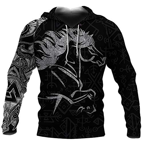 NICEWL Viking Celtic Wolf Tattoo Print Pocket Sudadera con Cordón,Odin Valknut Totem Pagan Sudaderas con Capucha,Fashion Charm Halloween Cosplay Clothing,C,M