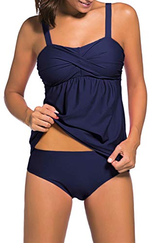 Ocean Plus Mujer Elegante Monocromo Color Sólido Tankini Traje de Baño Acolchada Dos Piezas Sin Aros Bañador con Tirantes Ajustables (3XL (EU 44-46), Azul Marino)