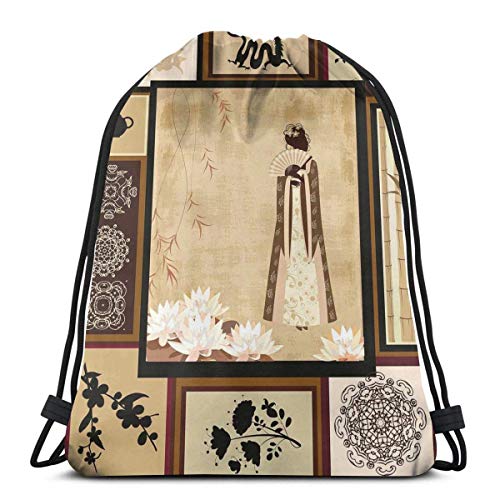 Odelia Palmer Mochilas Estampadas con cordón, niña con Vestimenta Tradicional y Adornos de Patrones culturales Collage Oriental Antiguo