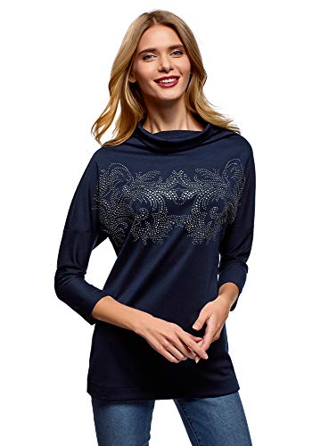 oodji Collection Mujer Jersey Ancho con Pedrería Metálica, Azul, ES 44 / XL