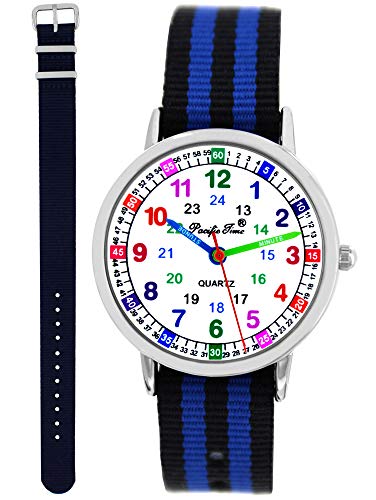 Pacific Time Reloj de pulsera para niños con 2 cambios, correa de tela azul, negro y azul, analógico, cuarzo, 11140