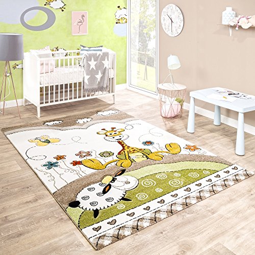 Paco Home Alfombra De Habitación Infantil Contorneada Bebé Jirafa En Beige Crema Colores Pastel, tamaño:80x150 cm