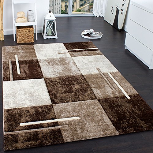 Paco Home Alfombra Moderna De Diseño Perfilado - A Cuadros Estilo Mármol - Marrón Crema, tamaño:200x290 cm